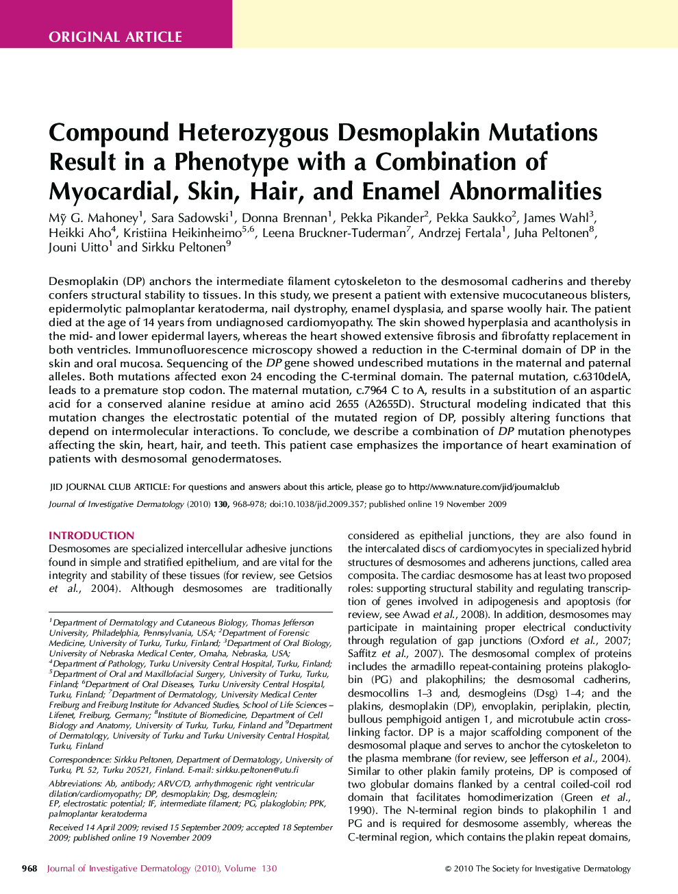Compound Heterozygous Desmoplakin Mutations Result in a Phenotype with a Combination of Myocardial, Skin, Hair, and Enamel Abnormalities