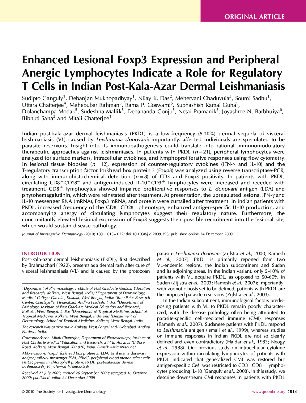 Enhanced Lesional Foxp3 Expression and Peripheral Anergic Lymphocytes Indicate a Role for Regulatory T Cells in Indian Post-Kala-Azar Dermal Leishmaniasis 