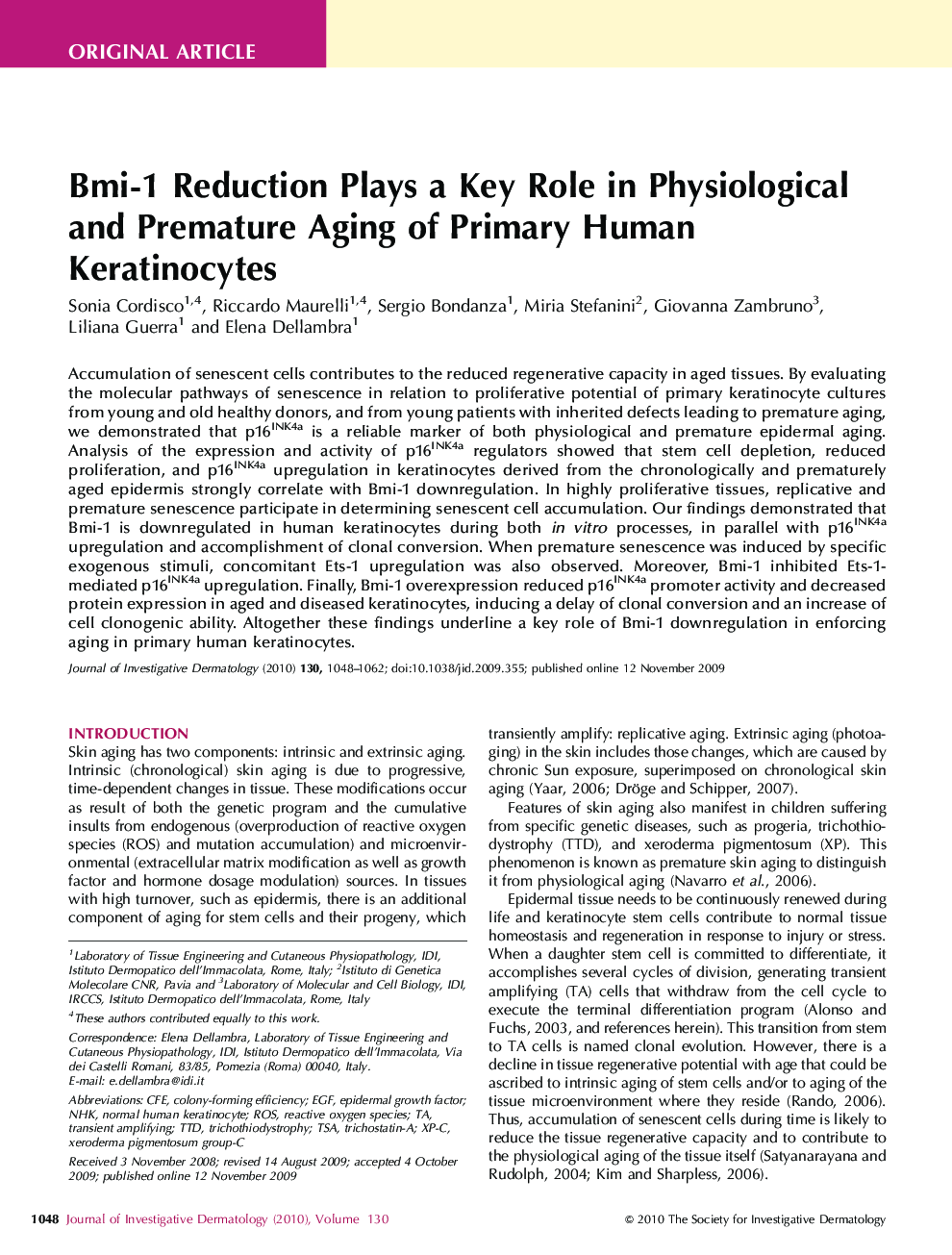 Bmi-1 Reduction Plays a Key Role in Physiological and Premature Aging of Primary Human Keratinocytes