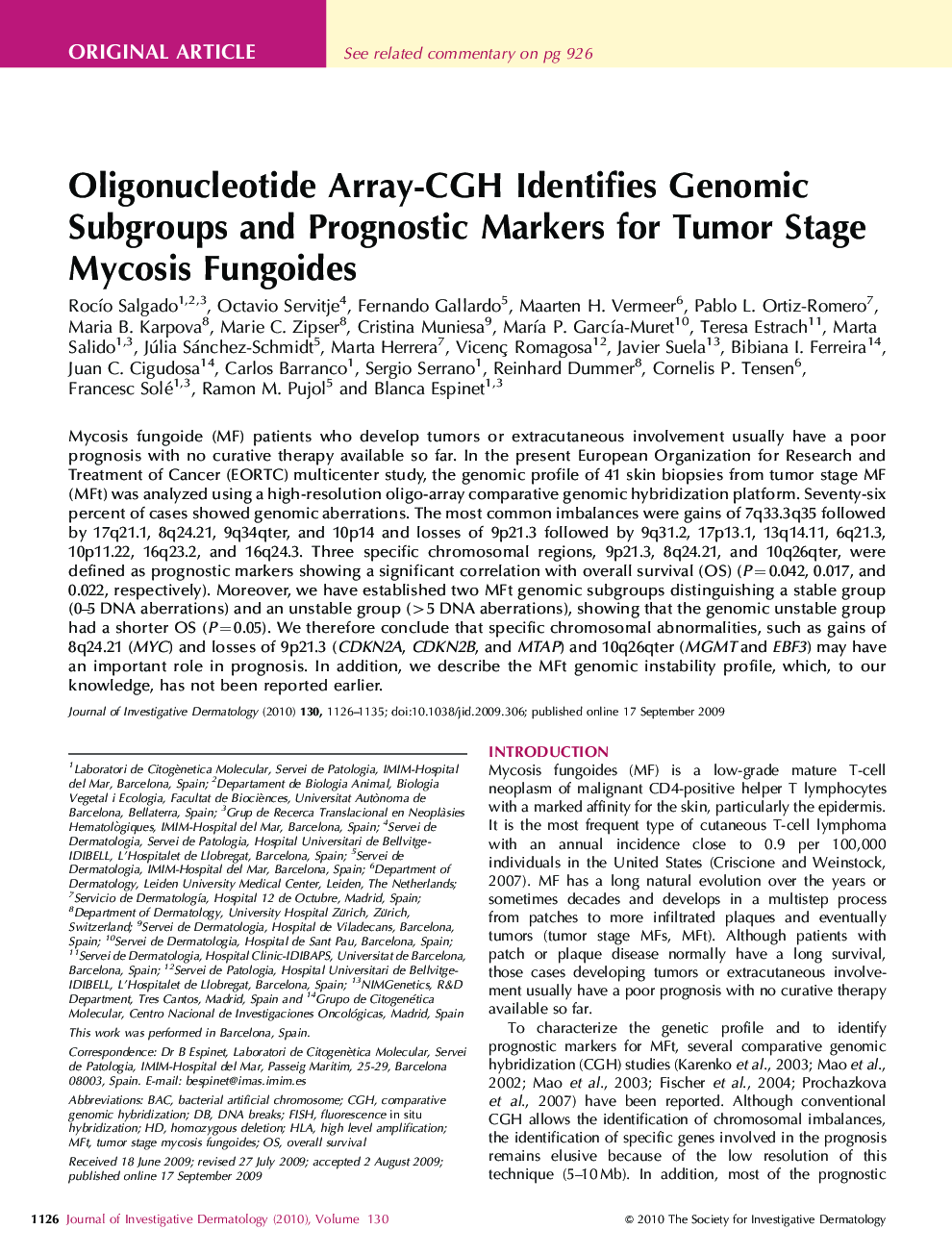Oligonucleotide Array-CGH Identifies Genomic Subgroups and Prognostic Markers for Tumor Stage Mycosis Fungoides 