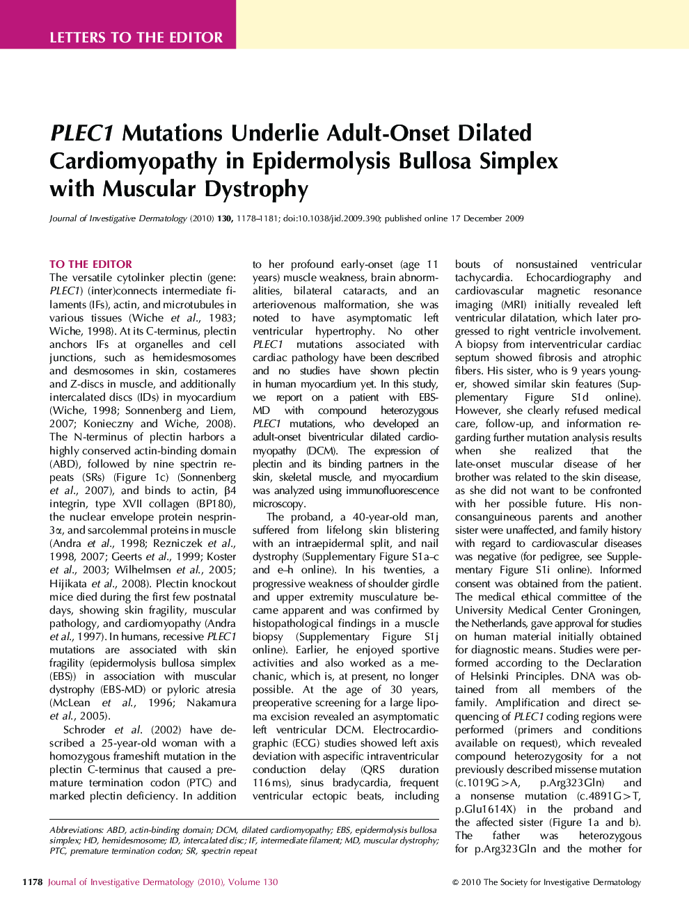 PLEC1 Mutations Underlie Adult-Onset Dilated Cardiomyopathy in Epidermolysis Bullosa Simplex with Muscular Dystrophy