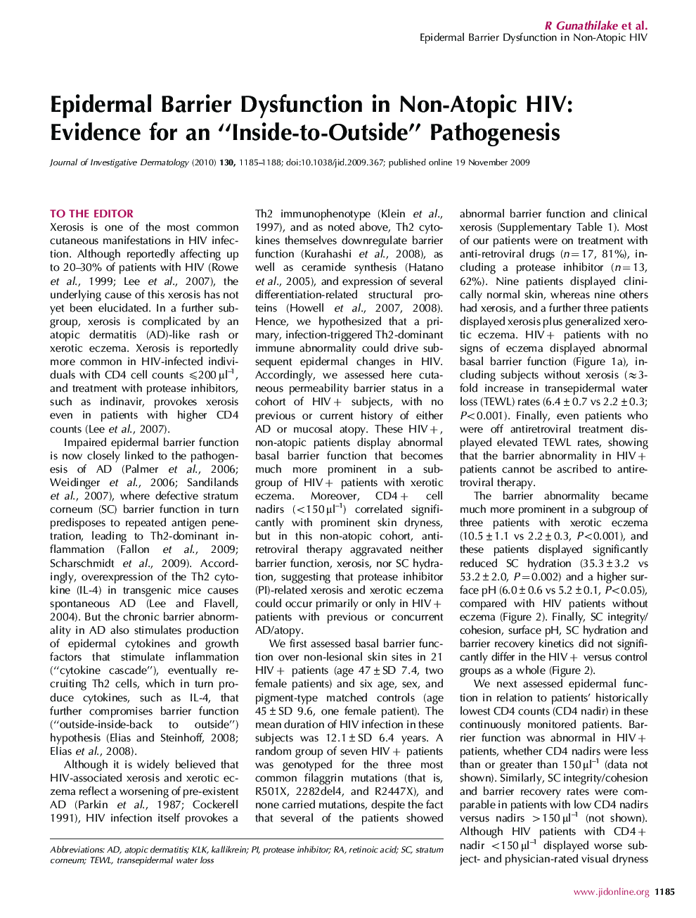 Epidermal Barrier Dysfunction in Non-Atopic HIV: Evidence for an “Inside-to-Outside” Pathogenesis