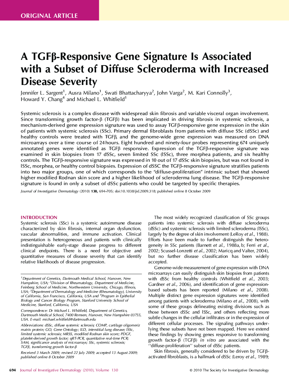 A TGFβ-Responsive Gene Signature Is Associated with a Subset of Diffuse Scleroderma with Increased Disease Severity
