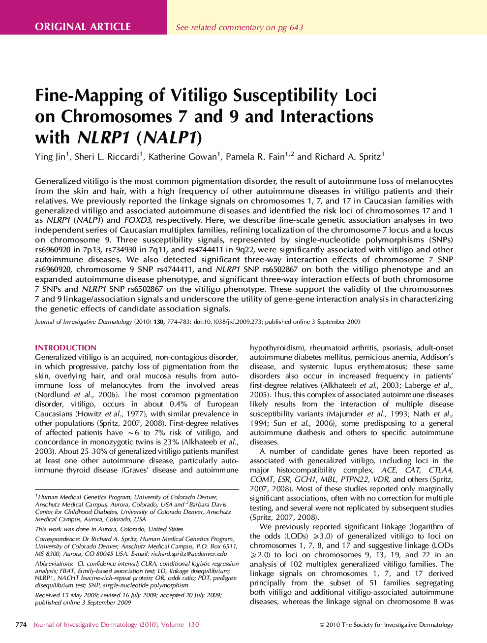 Fine-Mapping of Vitiligo Susceptibility Loci on Chromosomes 7 and 9 and Interactions with NLRP1 (NALP1) 