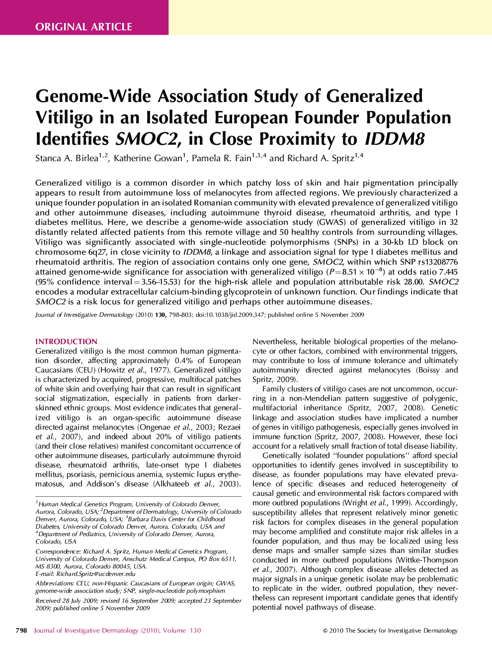 Genome-Wide Association Study of Generalized Vitiligo in an Isolated European Founder Population Identifies SMOC2, in Close Proximity to IDDM8