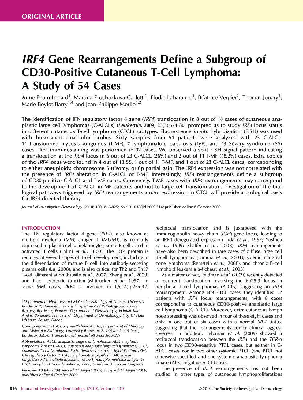 IRF4 Gene Rearrangements Define a Subgroup of CD30-Positive Cutaneous T-Cell Lymphoma: A Study of 54 Cases