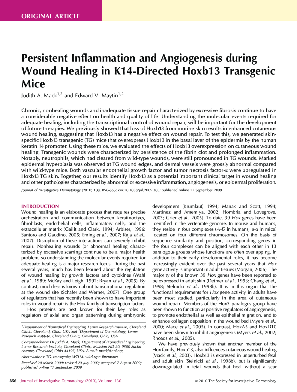 Persistent Inflammation and Angiogenesis during Wound Healing in K14-Directed Hoxb13 Transgenic Mice