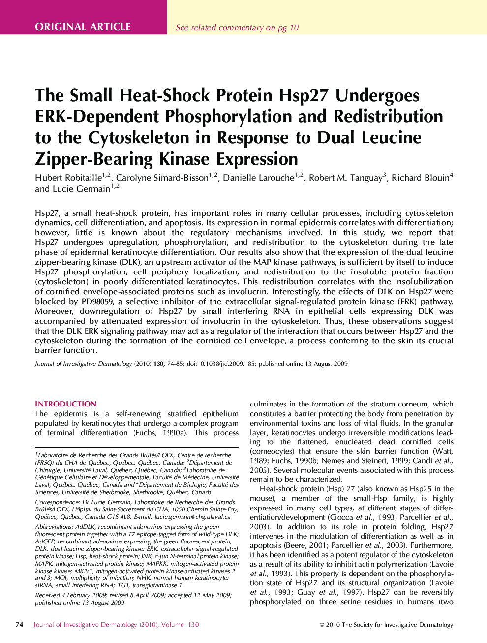 The Small Heat-Shock Protein Hsp27 Undergoes ERK-Dependent Phosphorylation and Redistribution to the Cytoskeleton in Response to Dual Leucine Zipper-Bearing Kinase Expression
