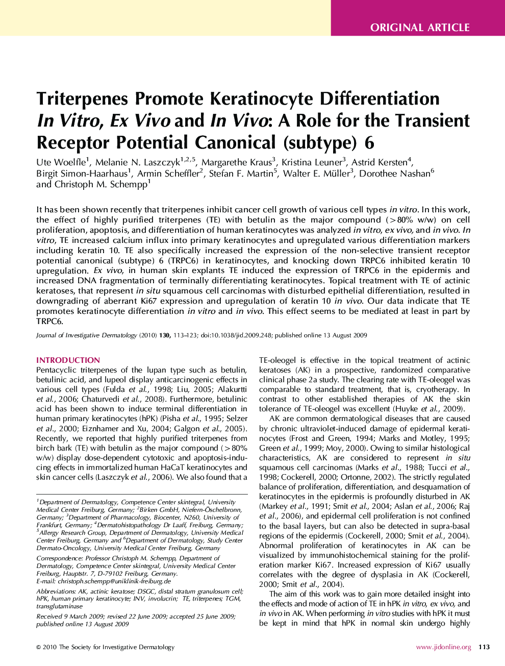 Triterpenes Promote Keratinocyte Differentiation In Vitro, Ex Vivo and In Vivo: A Role for the Transient Receptor Potential Canonical (subtype) 6