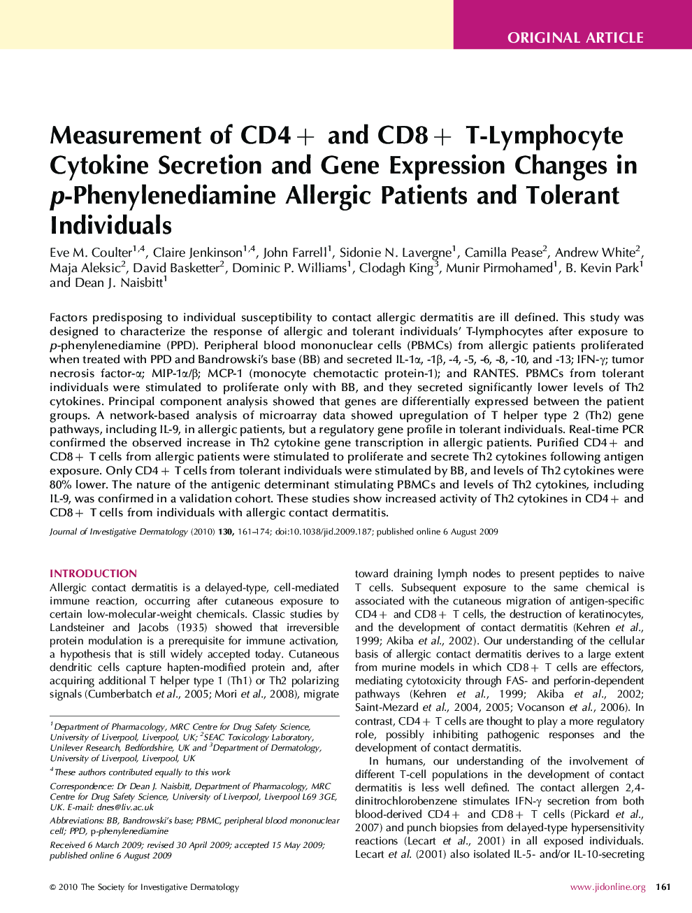 Measurement of CD4+ and CD8+ T-Lymphocyte Cytokine Secretion and Gene Expression Changes in p-Phenylenediamine Allergic Patients and Tolerant Individuals