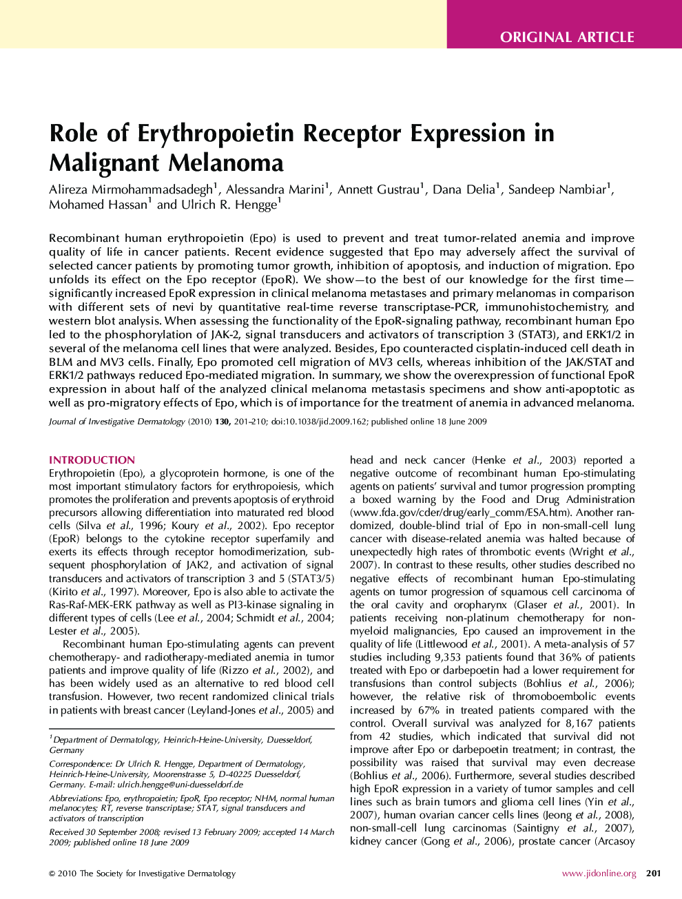 Role of Erythropoietin Receptor Expression in Malignant Melanoma