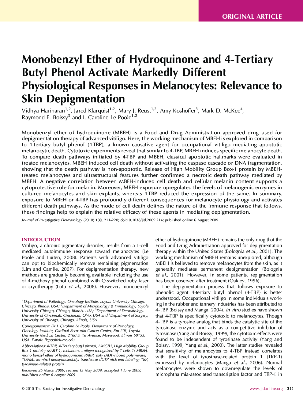 Monobenzyl Ether of Hydroquinone and 4-Tertiary Butyl Phenol Activate Markedly Different Physiological Responses in Melanocytes: Relevance to Skin Depigmentation