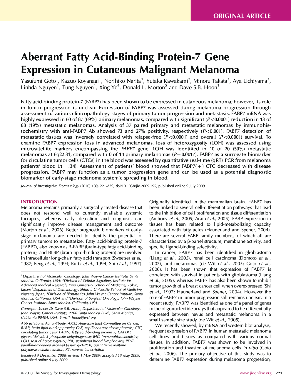 Aberrant Fatty Acid-Binding Protein-7 Gene Expression in Cutaneous Malignant Melanoma