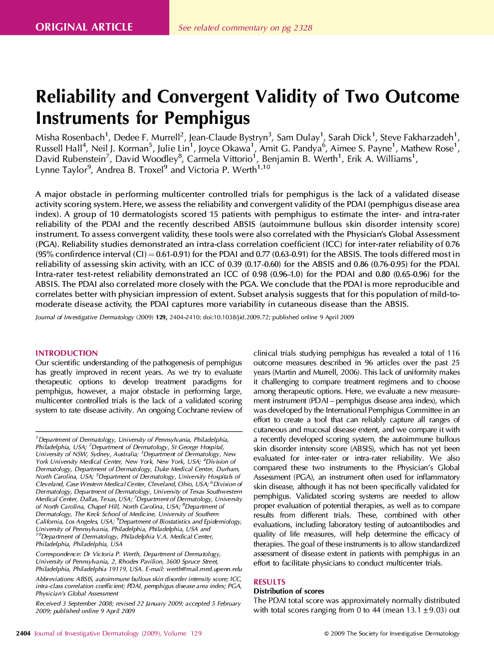Reliability and Convergent Validity of Two Outcome Instruments for Pemphigus