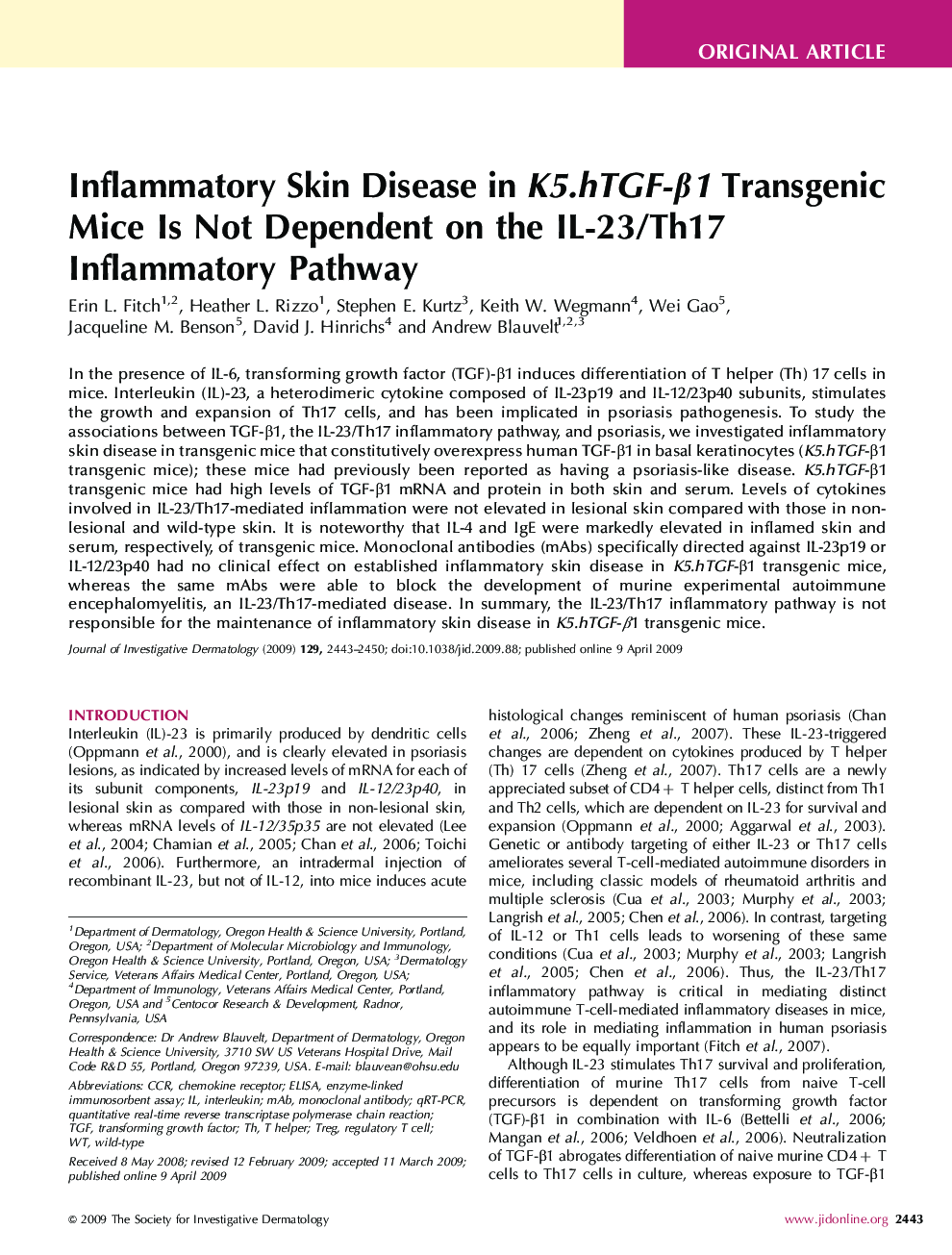 Inflammatory Skin Disease in K5.hTGF-β1 Transgenic Mice Is Not Dependent on the IL-23/Th17 Inflammatory Pathway