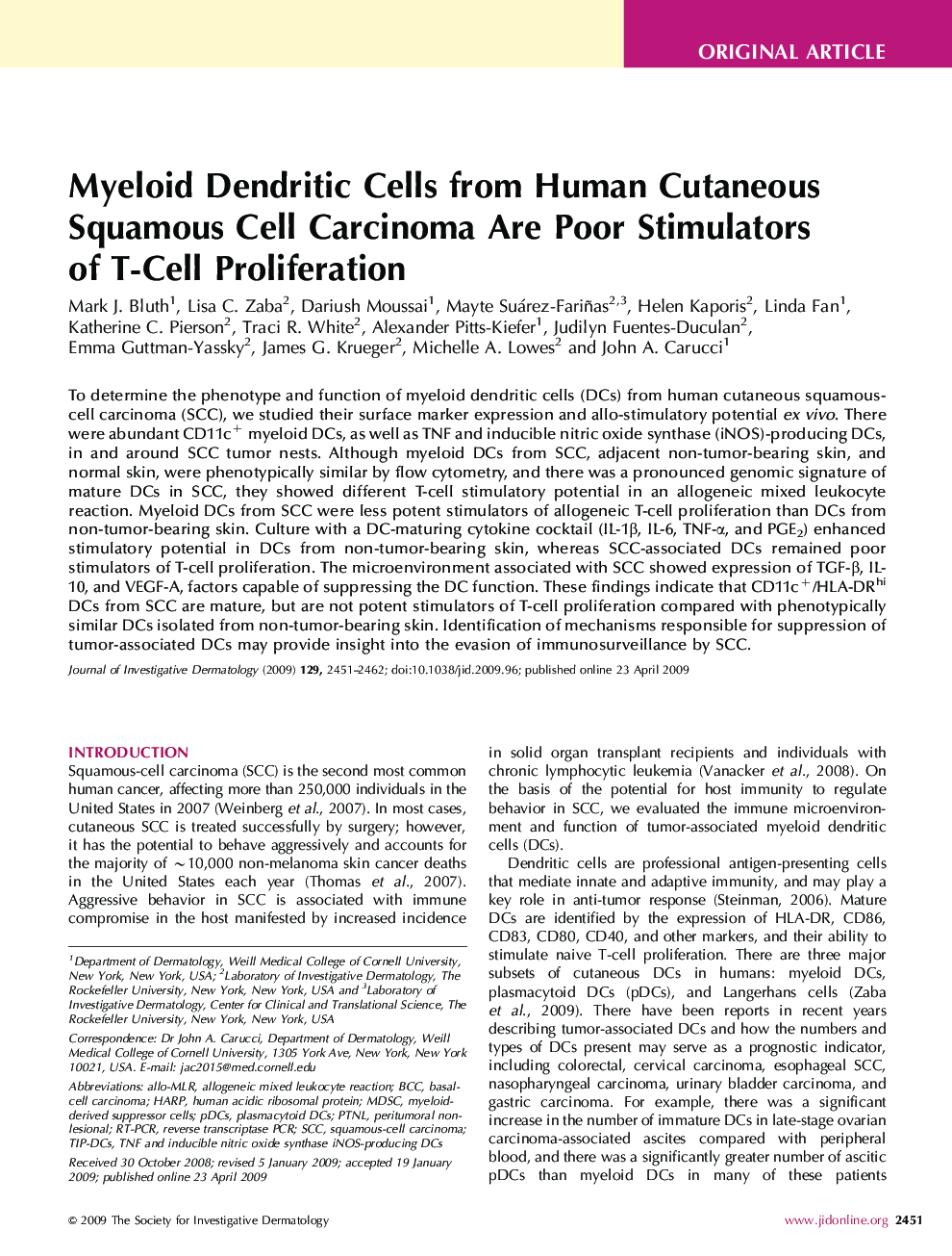 Myeloid Dendritic Cells from Human Cutaneous Squamous Cell Carcinoma Are Poor Stimulators of T-Cell Proliferation