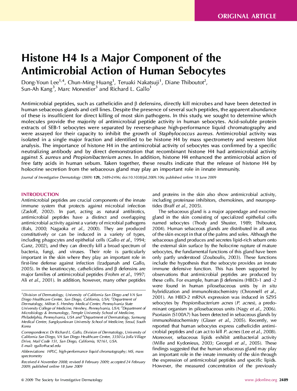 Histone H4 Is a Major Component of the Antimicrobial Action of Human Sebocytes