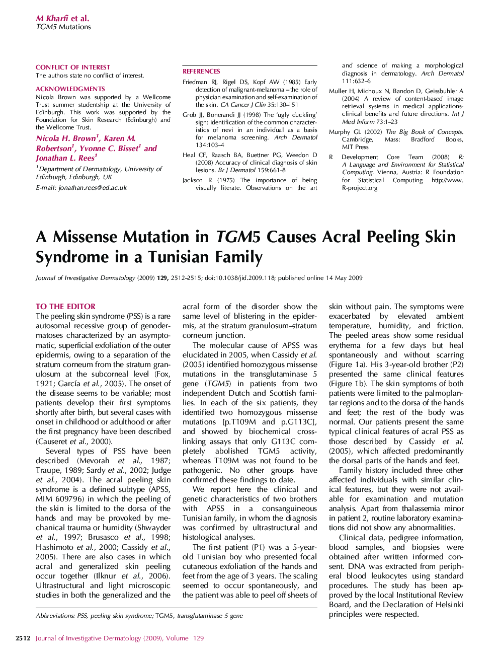 A Missense Mutation in TGM5 Causes Acral Peeling Skin Syndrome in a Tunisian Family