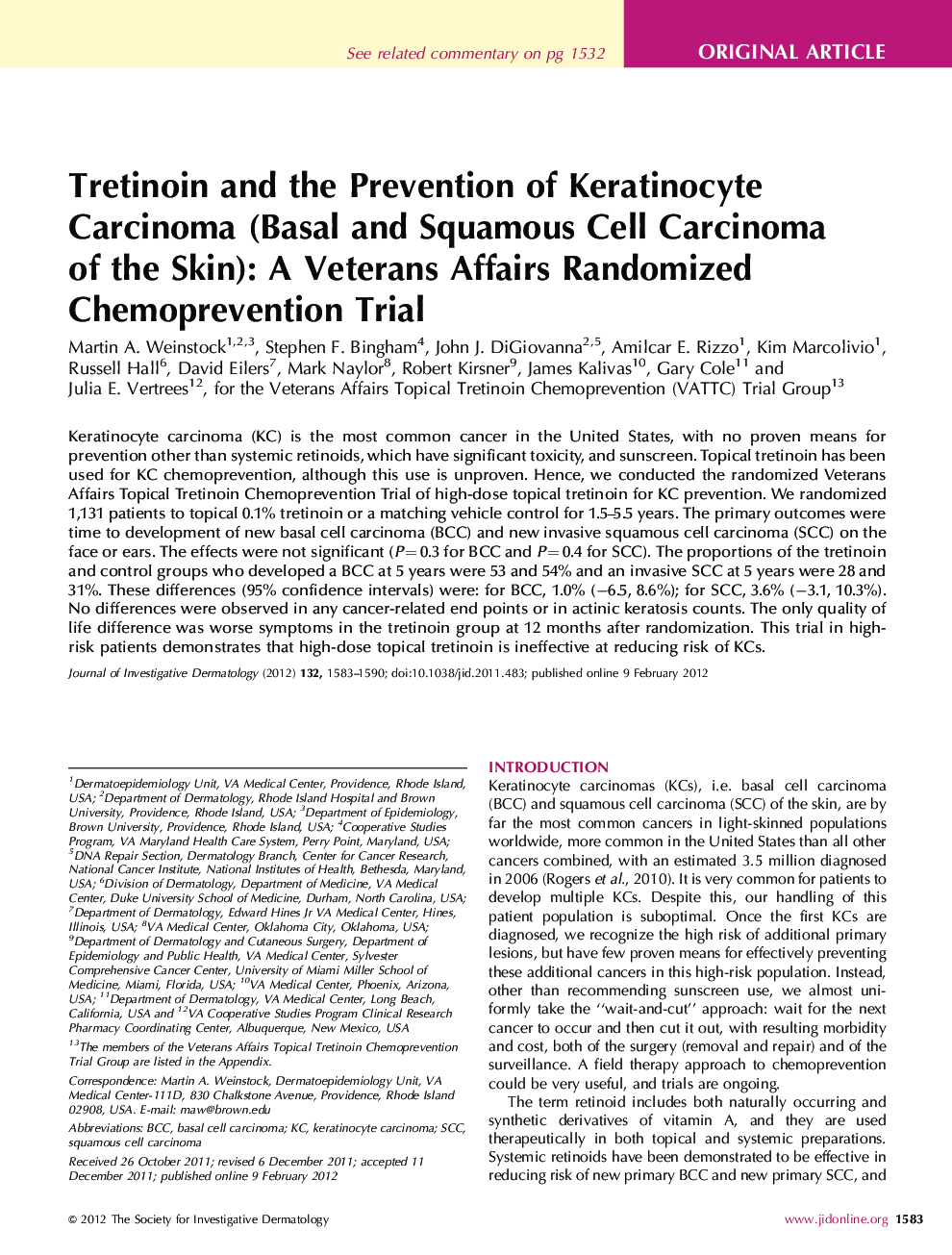 Tretinoin and the Prevention of Keratinocyte Carcinoma (Basal and Squamous Cell Carcinoma of the Skin): A Veterans Affairs Randomized Chemoprevention Trial 