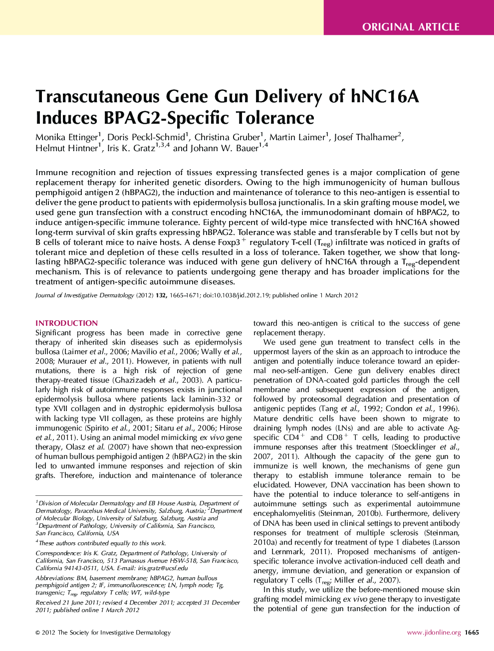 Transcutaneous Gene Gun Delivery of hNC16A Induces BPAG2-Specific Tolerance 