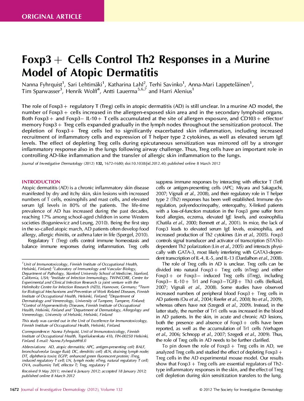 Foxp3+ Cells Control Th2 Responses in a Murine Model of Atopic Dermatitis 