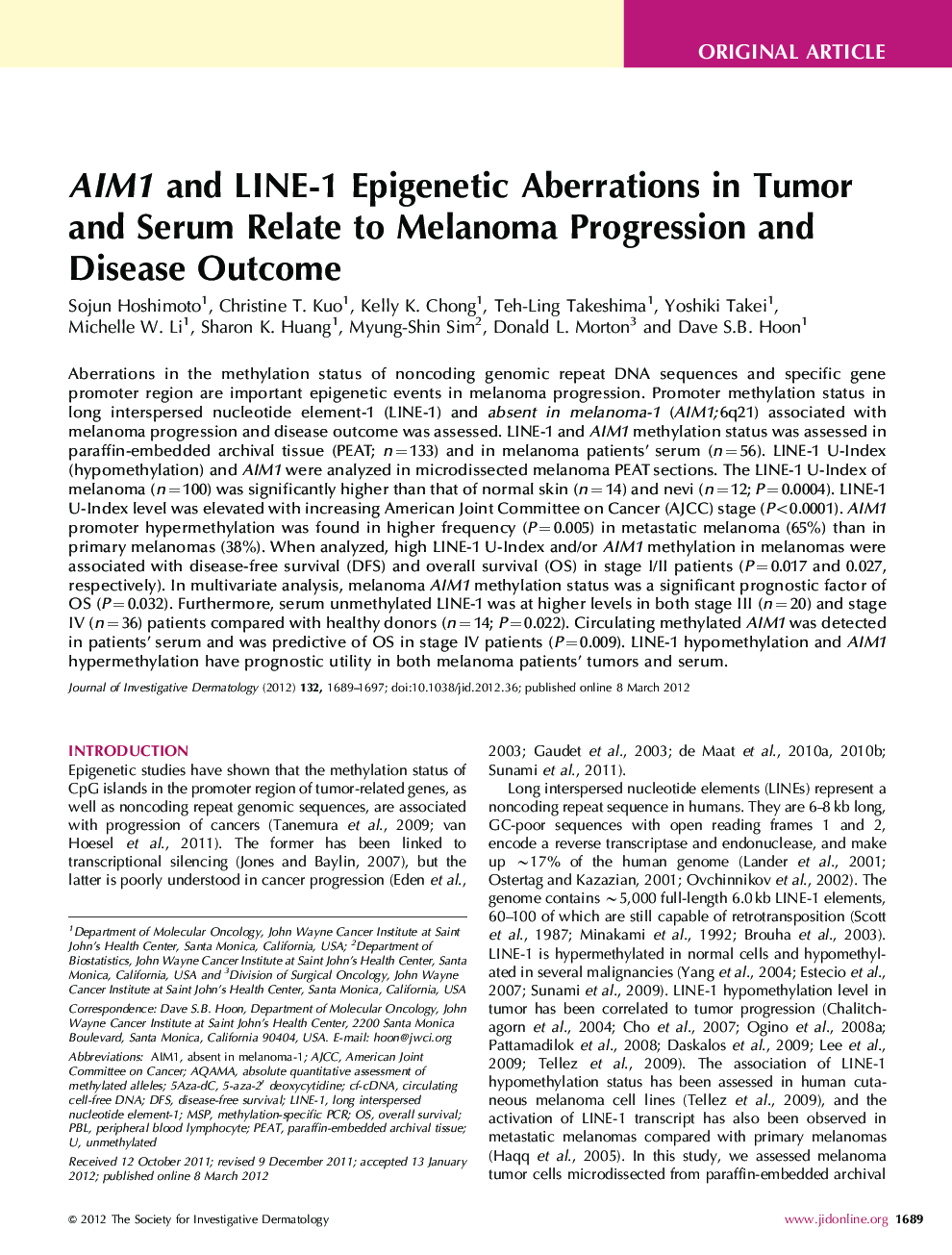 AIM1 and LINE-1 Epigenetic Aberrations in Tumor and Serum Relate to Melanoma Progression and Disease Outcome 