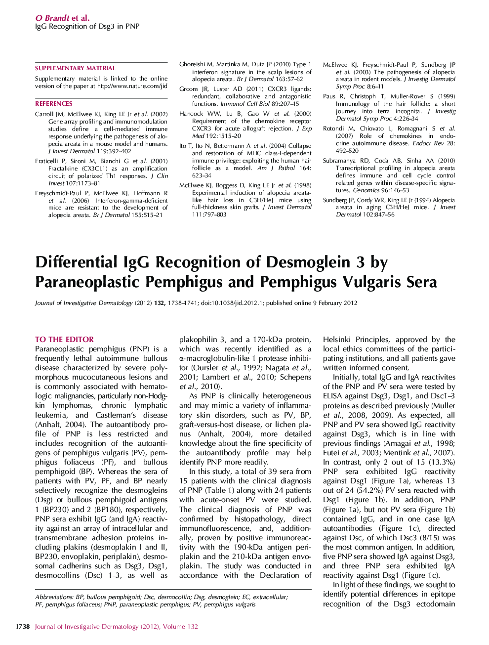 Differential IgG Recognition of Desmoglein 3 by Paraneoplastic Pemphigus and Pemphigus Vulgaris Sera
