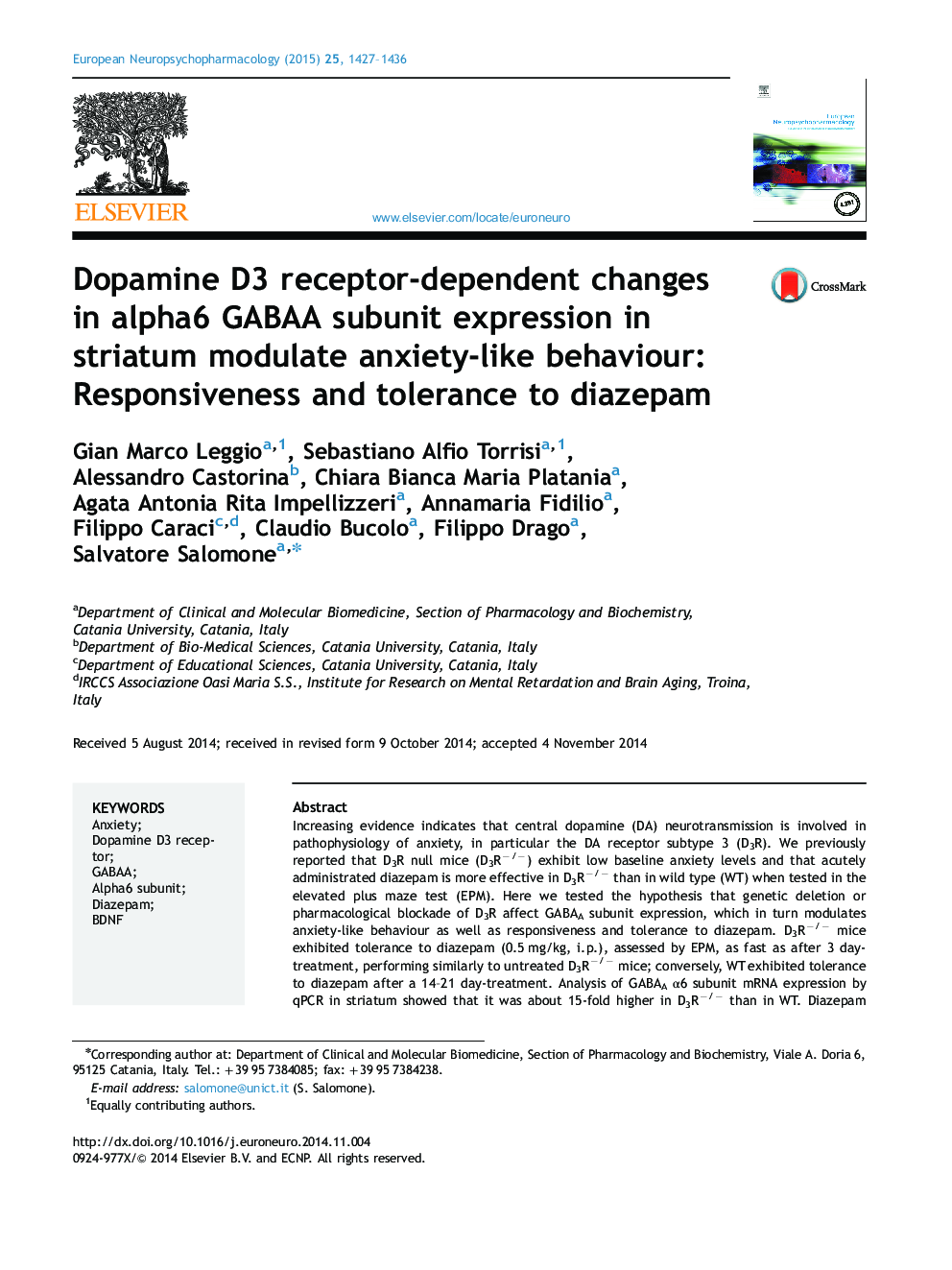 Dopamine D3 receptor-dependent changes in alpha6 GABAA subunit expression in striatum modulate anxiety-like behaviour: Responsiveness and tolerance to diazepam