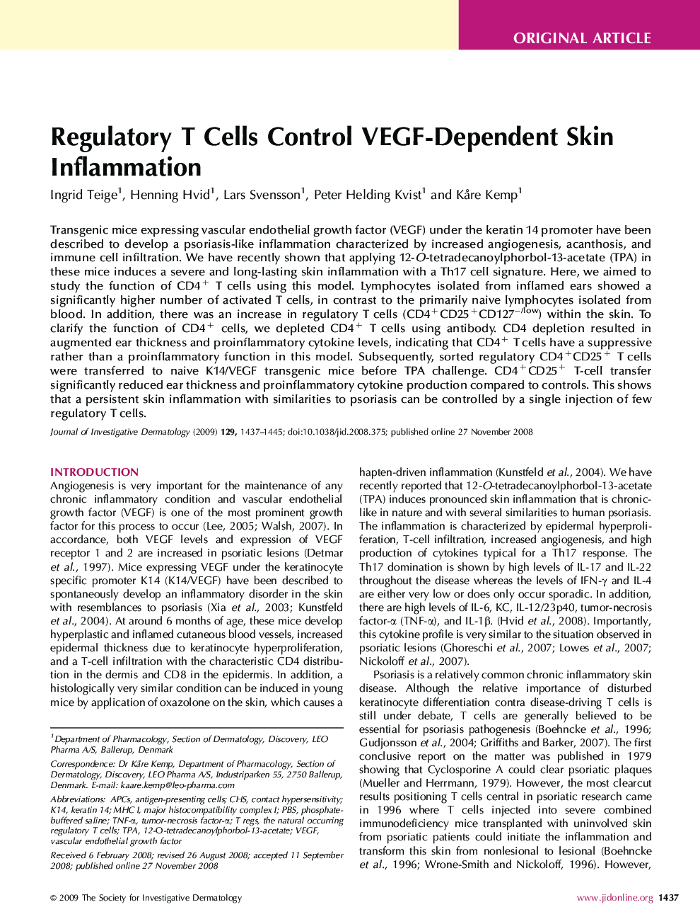 Regulatory T Cells Control VEGF-Dependent Skin Inflammation