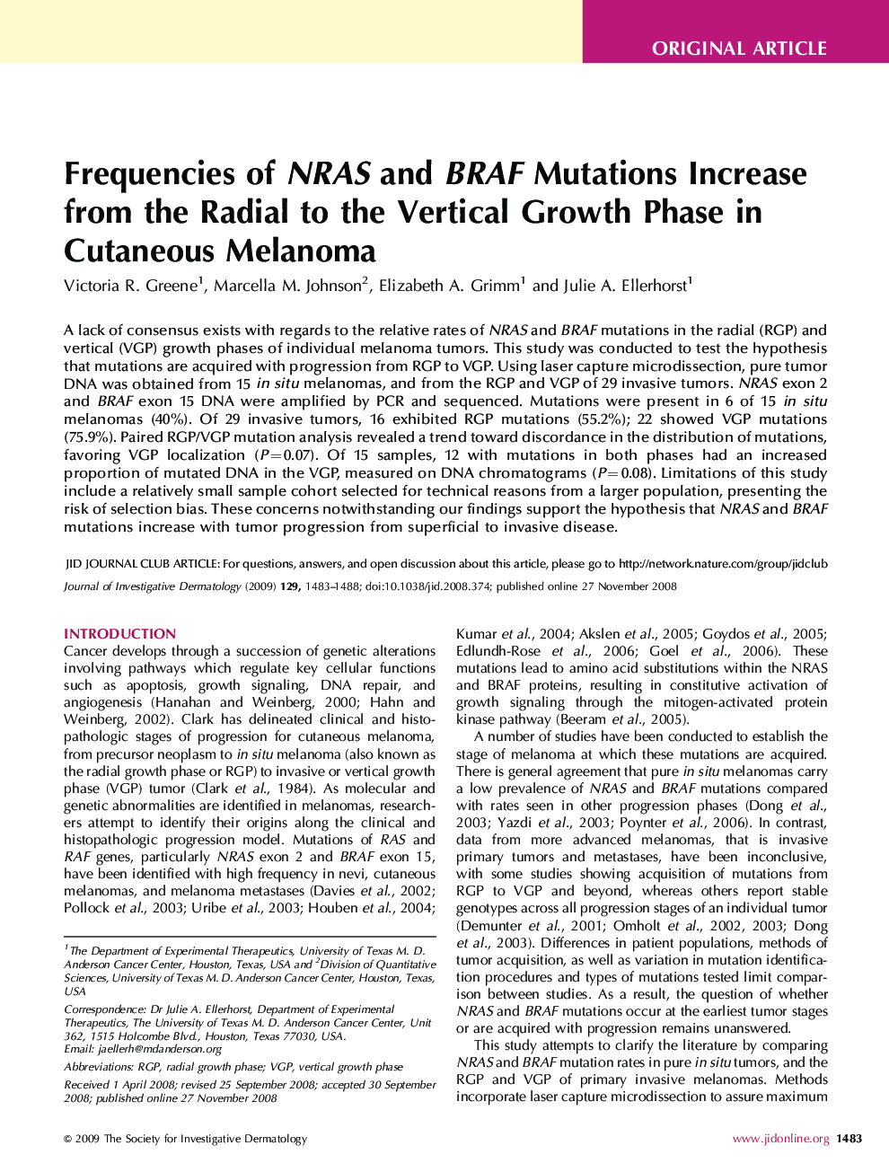Frequencies of NRAS and BRAF Mutations Increase from the Radial to the Vertical Growth Phase in Cutaneous Melanoma