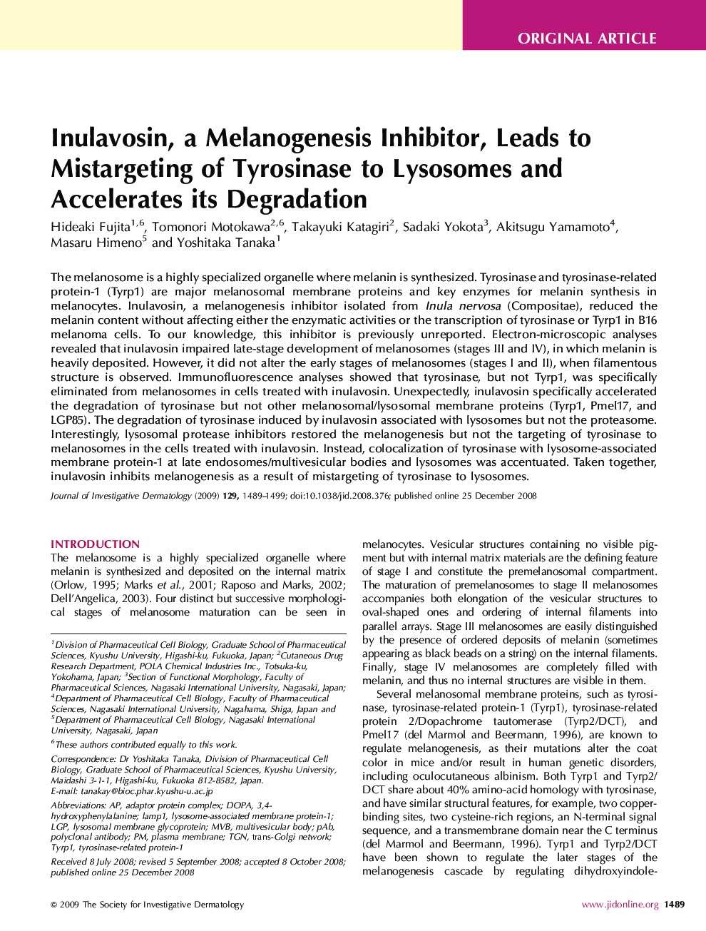 Inulavosin, a Melanogenesis Inhibitor, Leads to Mistargeting of Tyrosinase to Lysosomes and Accelerates its Degradation