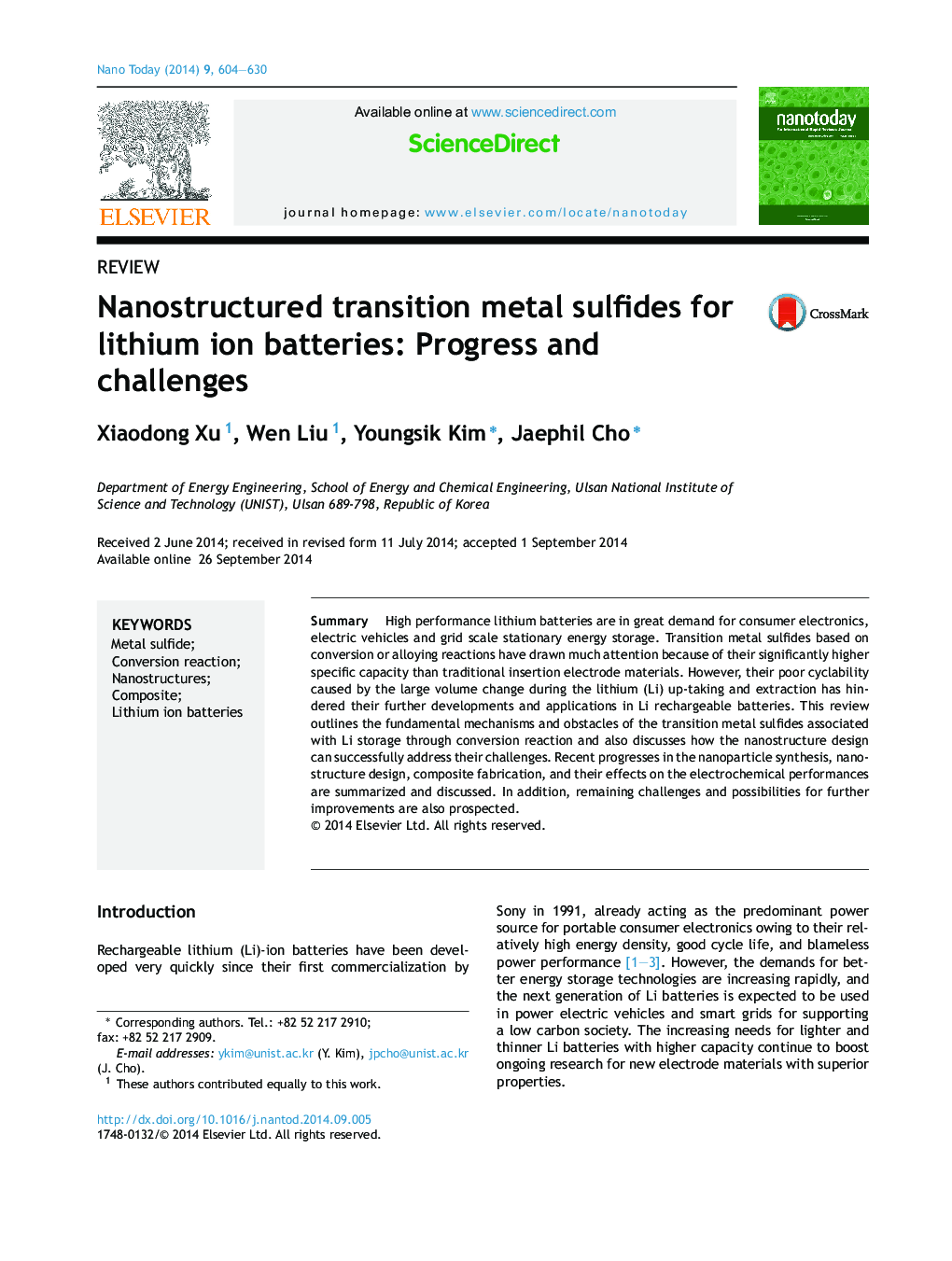 Nanostructured transition metal sulfides for lithium ion batteries: Progress and challenges