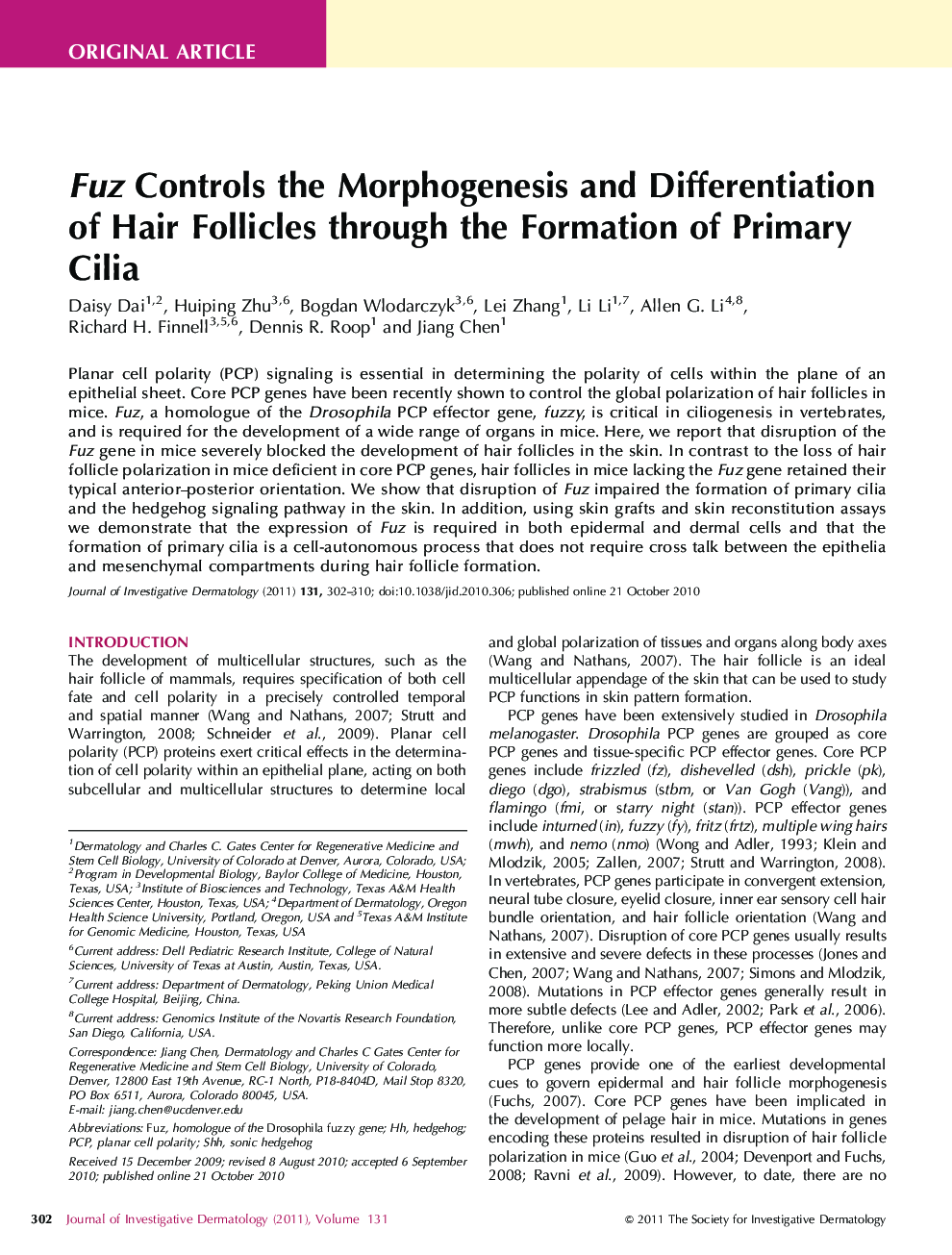 Fuz Controls the Morphogenesis and Differentiation of Hair Follicles through the Formation of Primary Cilia