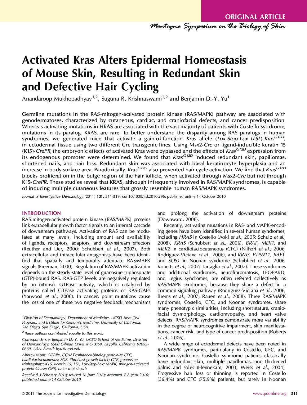 Activated Kras Alters Epidermal Homeostasis of Mouse Skin, Resulting in Redundant Skin and Defective Hair Cycling 