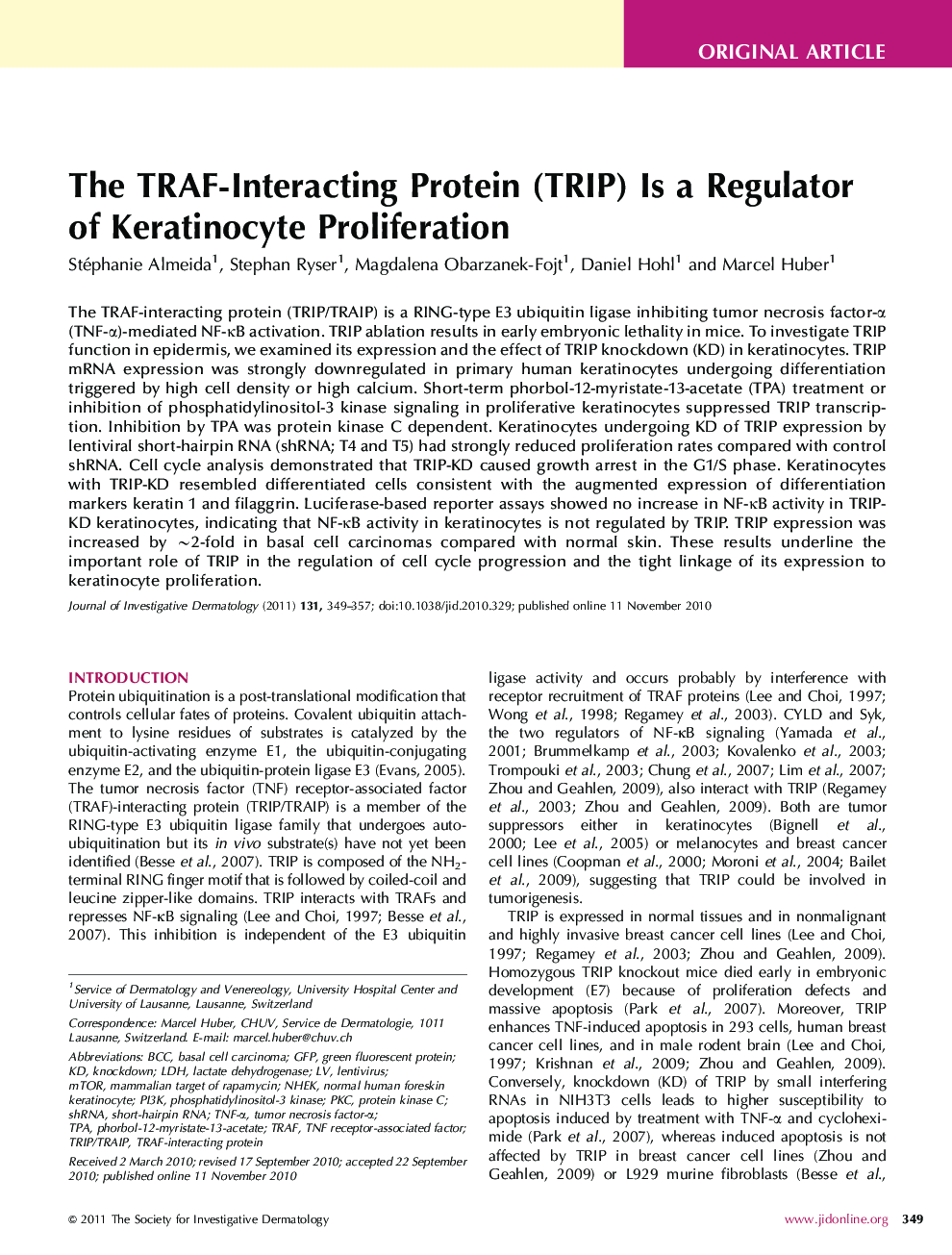 The TRAF-Interacting Protein (TRIP) Is a Regulator of Keratinocyte Proliferation 