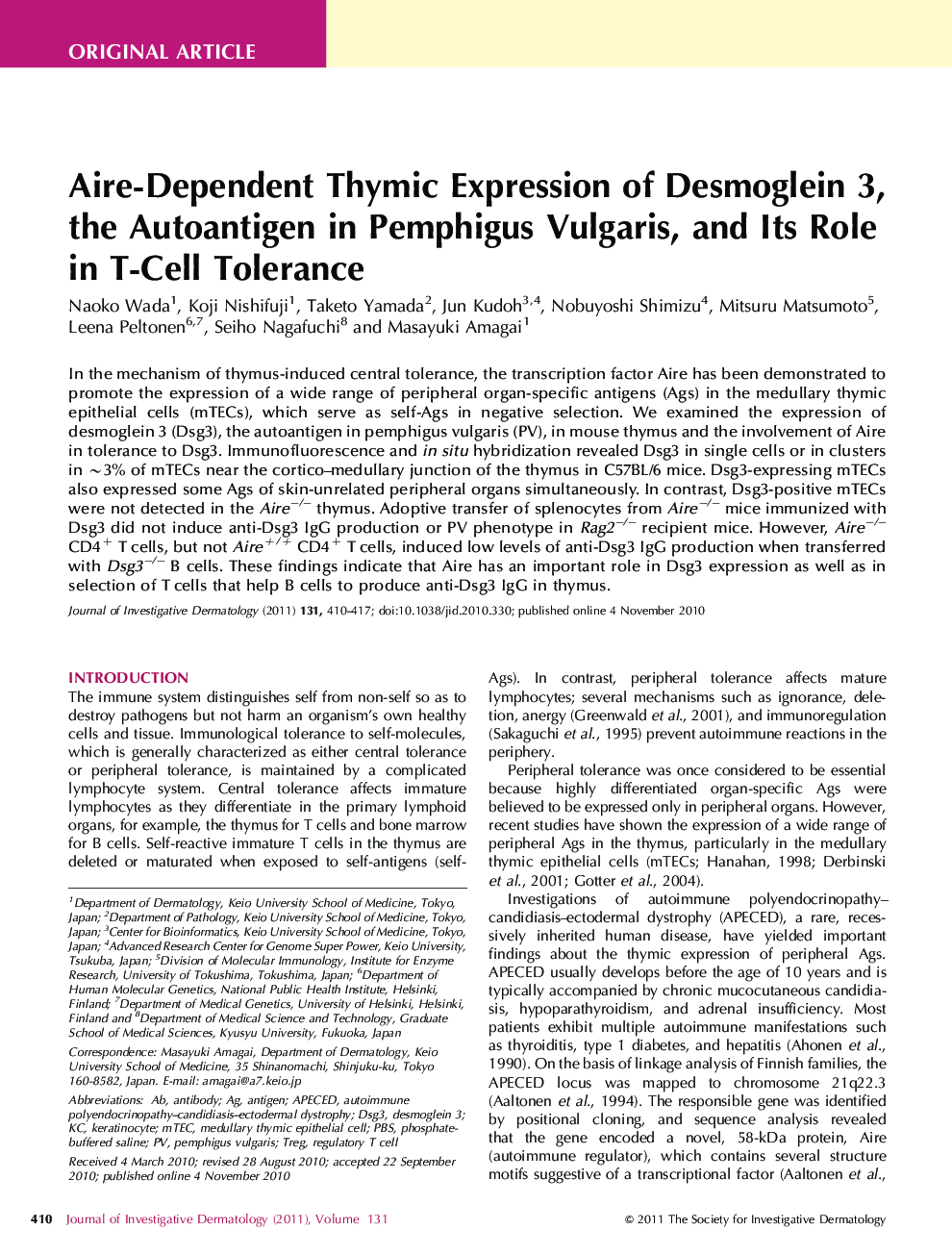 Aire-Dependent Thymic Expression of Desmoglein 3, the Autoantigen in Pemphigus Vulgaris, and Its Role in T-Cell Tolerance 