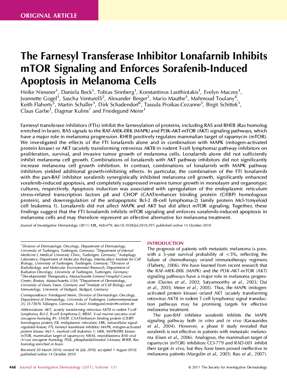 The Farnesyl Transferase Inhibitor Lonafarnib Inhibits mTOR Signaling and Enforces Sorafenib-Induced Apoptosis in Melanoma Cells 