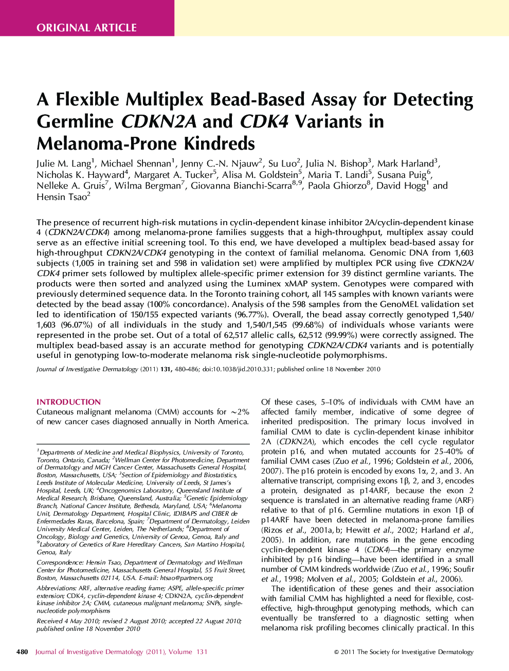 A Flexible Multiplex Bead-Based Assay for Detecting Germline CDKN2A and CDK4 Variants in Melanoma-Prone Kindreds 