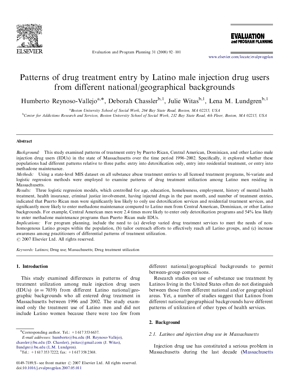 Patterns of drug treatment entry by Latino male injection drug users from different national/geographical backgrounds