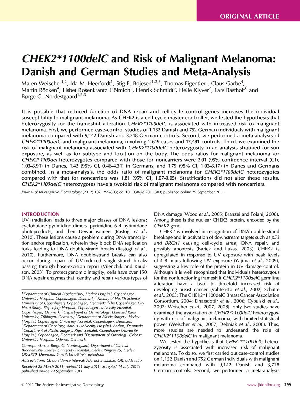 CHEK2*1100delC and Risk of Malignant Melanoma: Danish and German Studies and Meta-Analysis 