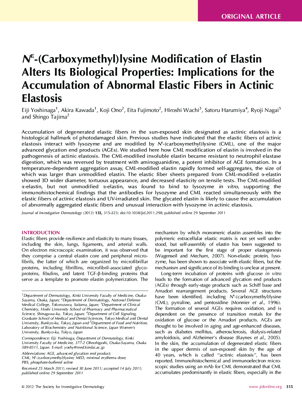 Nε-(Carboxymethyl)lysine Modification of Elastin Alters Its Biological Properties: Implications for the Accumulation of Abnormal Elastic Fibers in Actinic Elastosis 