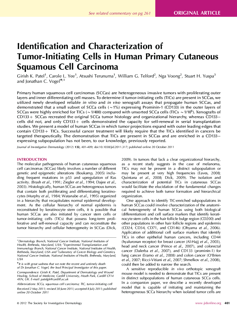 Identification and Characterization of Tumor-Initiating Cells in Human Primary Cutaneous Squamous Cell Carcinoma 