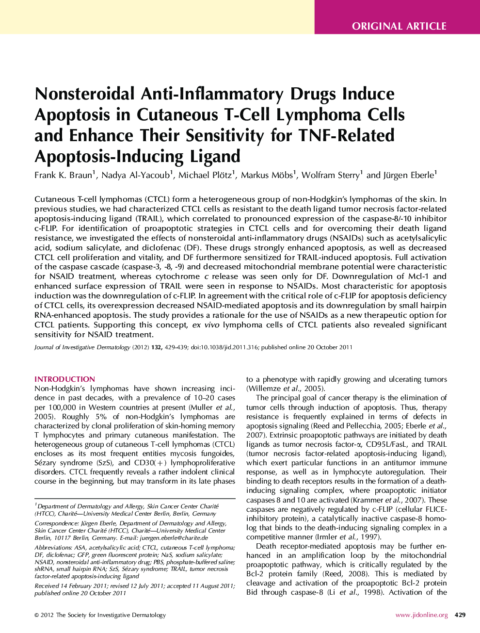 Nonsteroidal Anti-Inflammatory Drugs Induce Apoptosis in Cutaneous T-Cell Lymphoma Cells and Enhance Their Sensitivity for TNF-Related Apoptosis-Inducing Ligand 