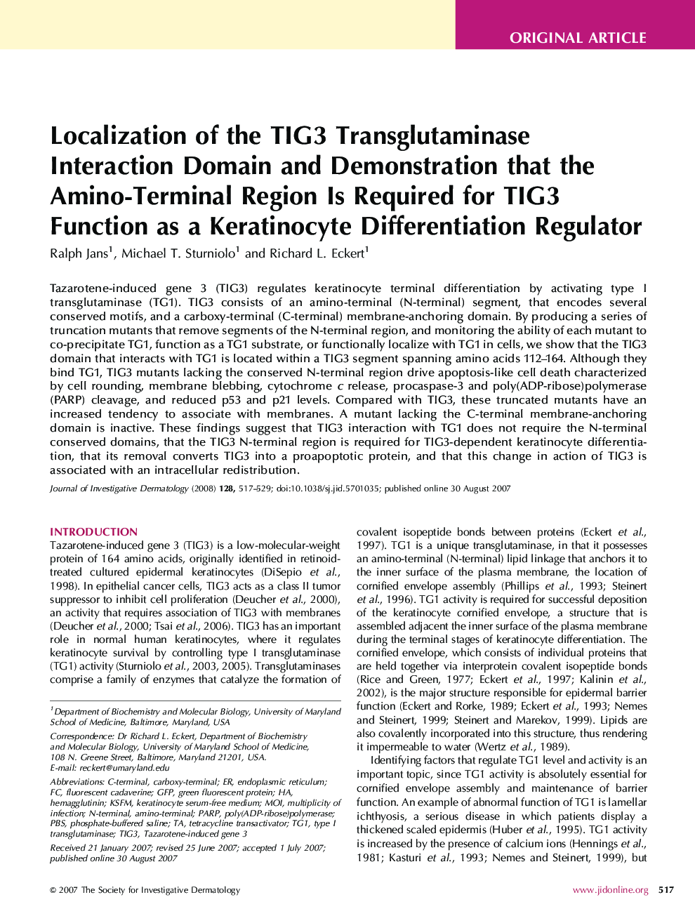 Localization of the TIG3 Transglutaminase Interaction Domain and Demonstration that the Amino-Terminal Region Is Required for TIG3 Function as a Keratinocyte Differentiation Regulator