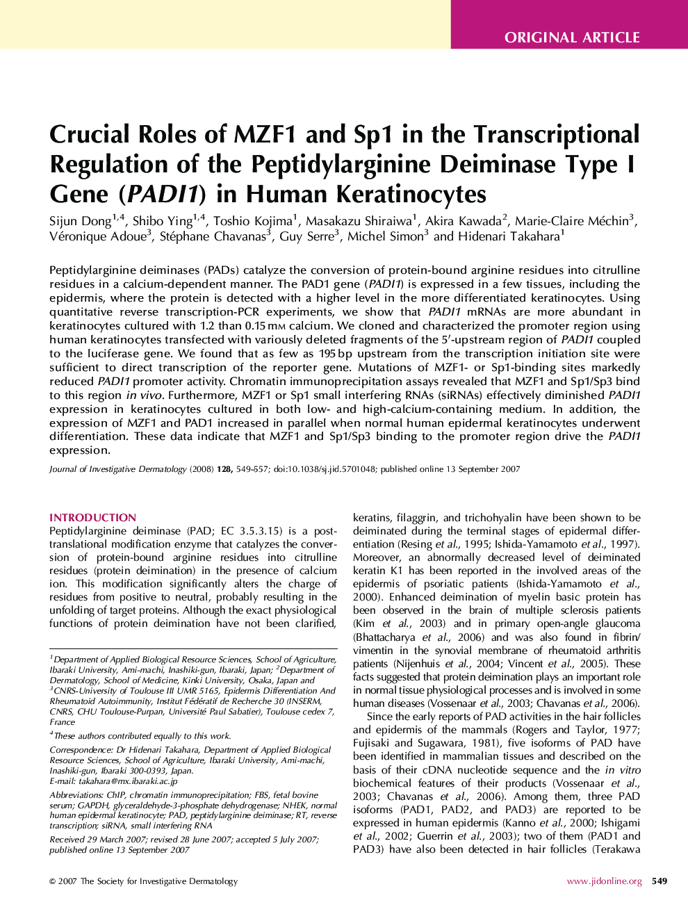 Crucial Roles of MZF1 and Sp1 in the Transcriptional Regulation of the Peptidylarginine Deiminase Type I Gene (PADI1) in Human Keratinocytes