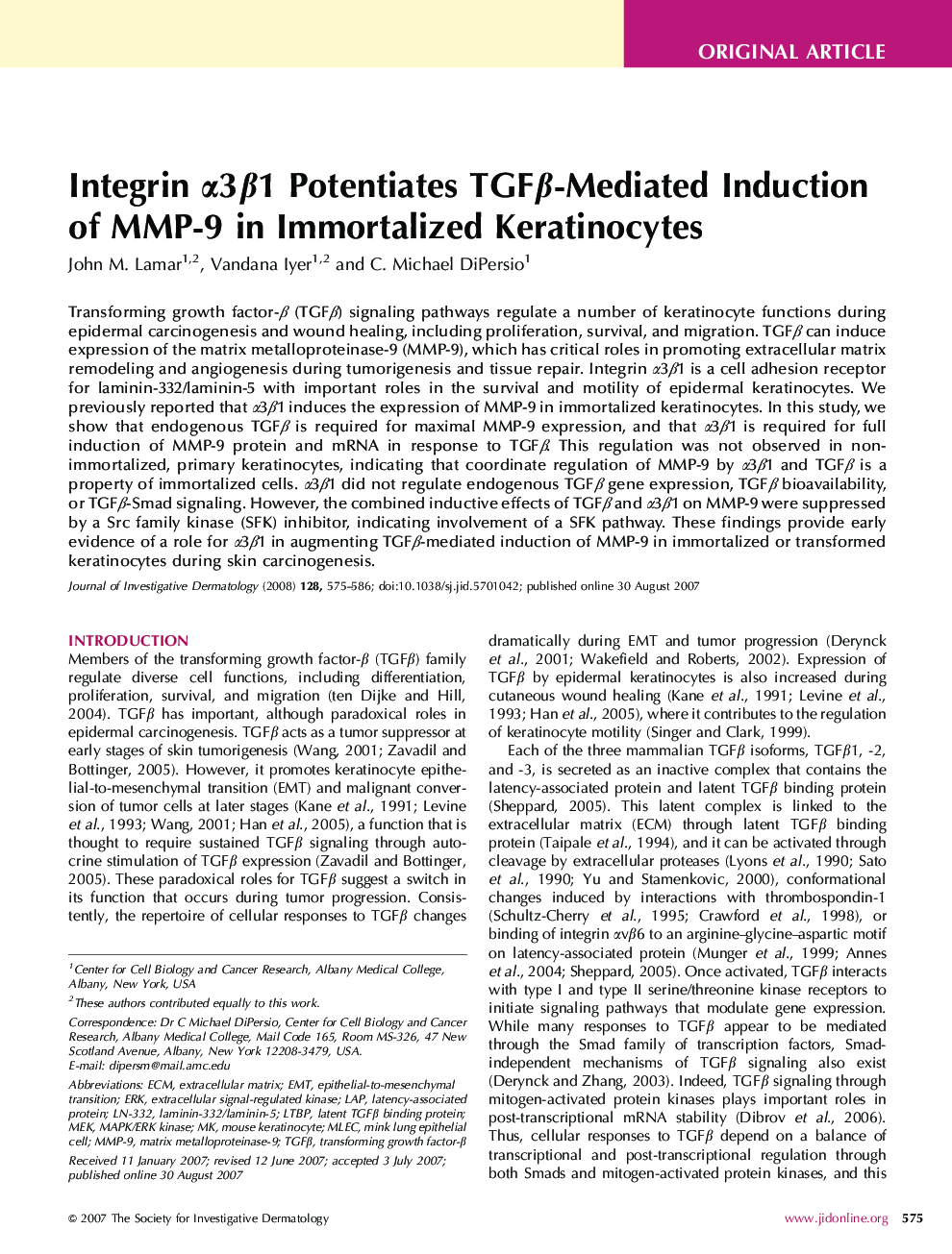 Integrin α3β1 Potentiates TGFβ-Mediated Induction of MMP-9 in Immortalized Keratinocytes