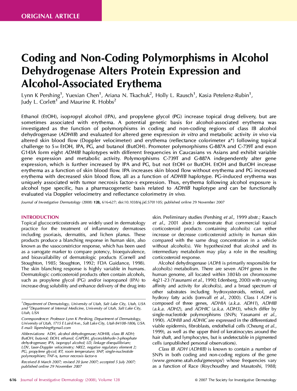 Coding and Non-Coding Polymorphisms in Alcohol Dehydrogenase Alters Protein Expression and Alcohol-Associated Erythema