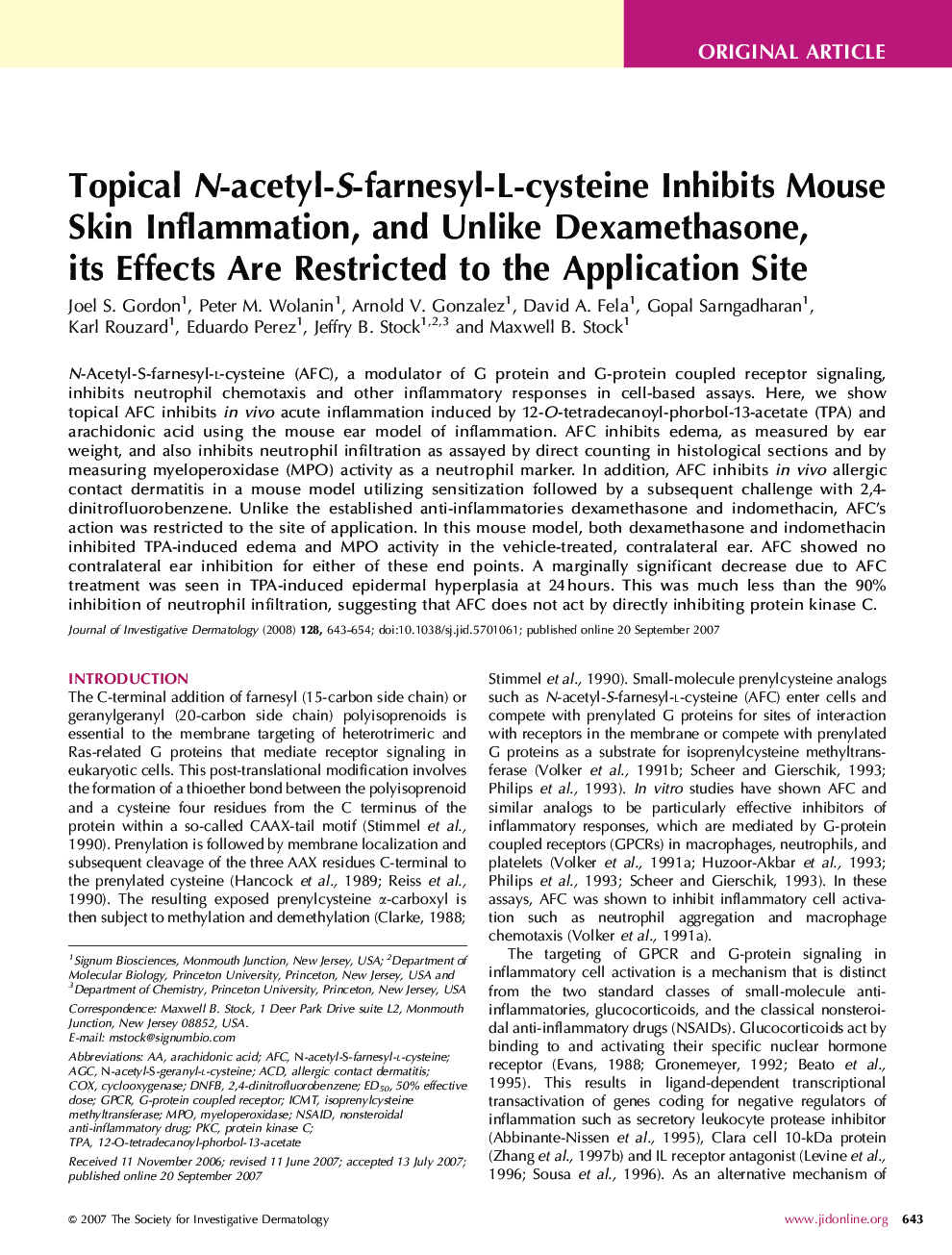 Topical N-acetyl-S-farnesyl-L-cysteine Inhibits Mouse Skin Inflammation, and Unlike Dexamethasone, its Effects Are Restricted to the Application Site