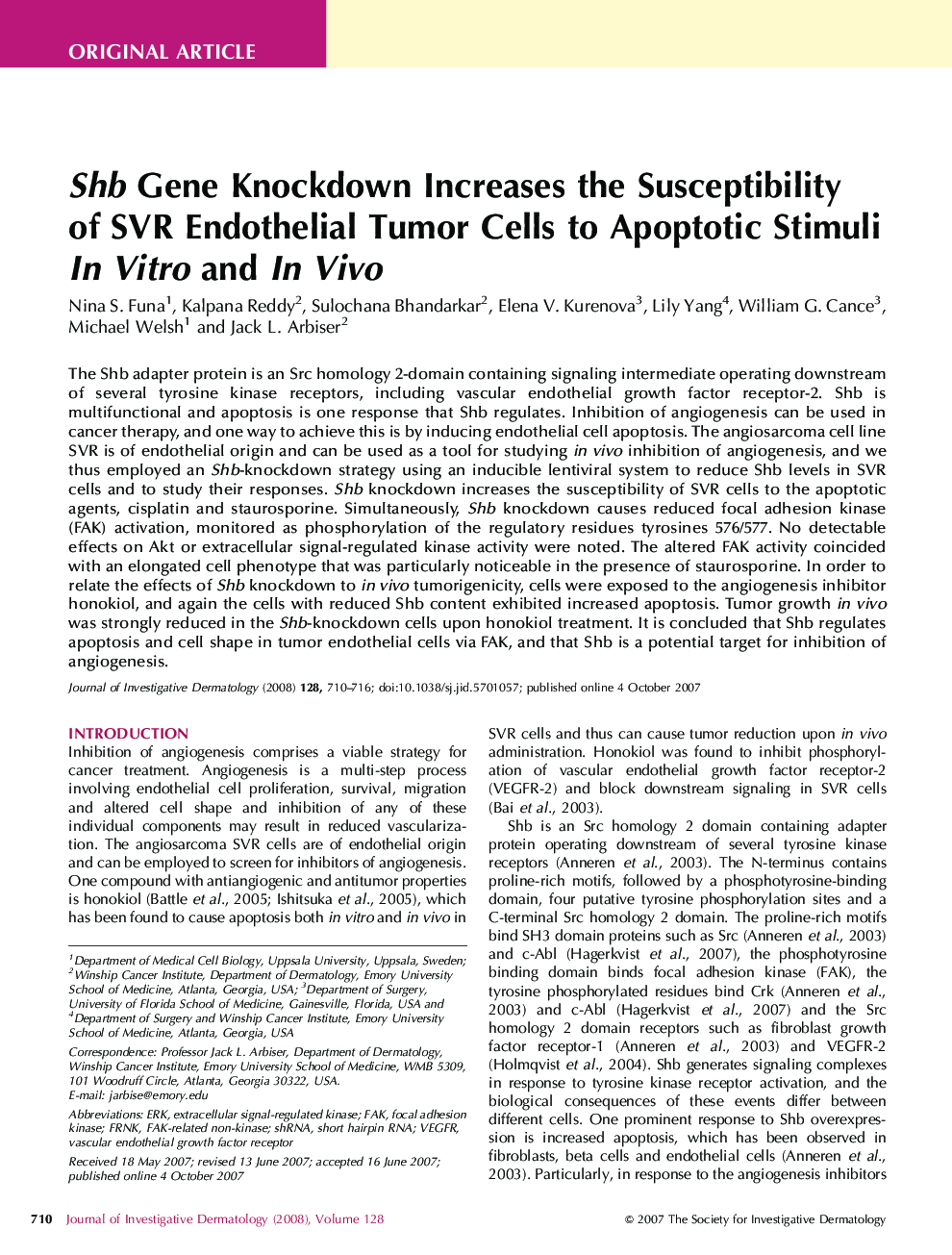 Shb Gene Knockdown Increases the Susceptibility of SVR Endothelial Tumor Cells to Apoptotic Stimuli In Vitro and In Vivo