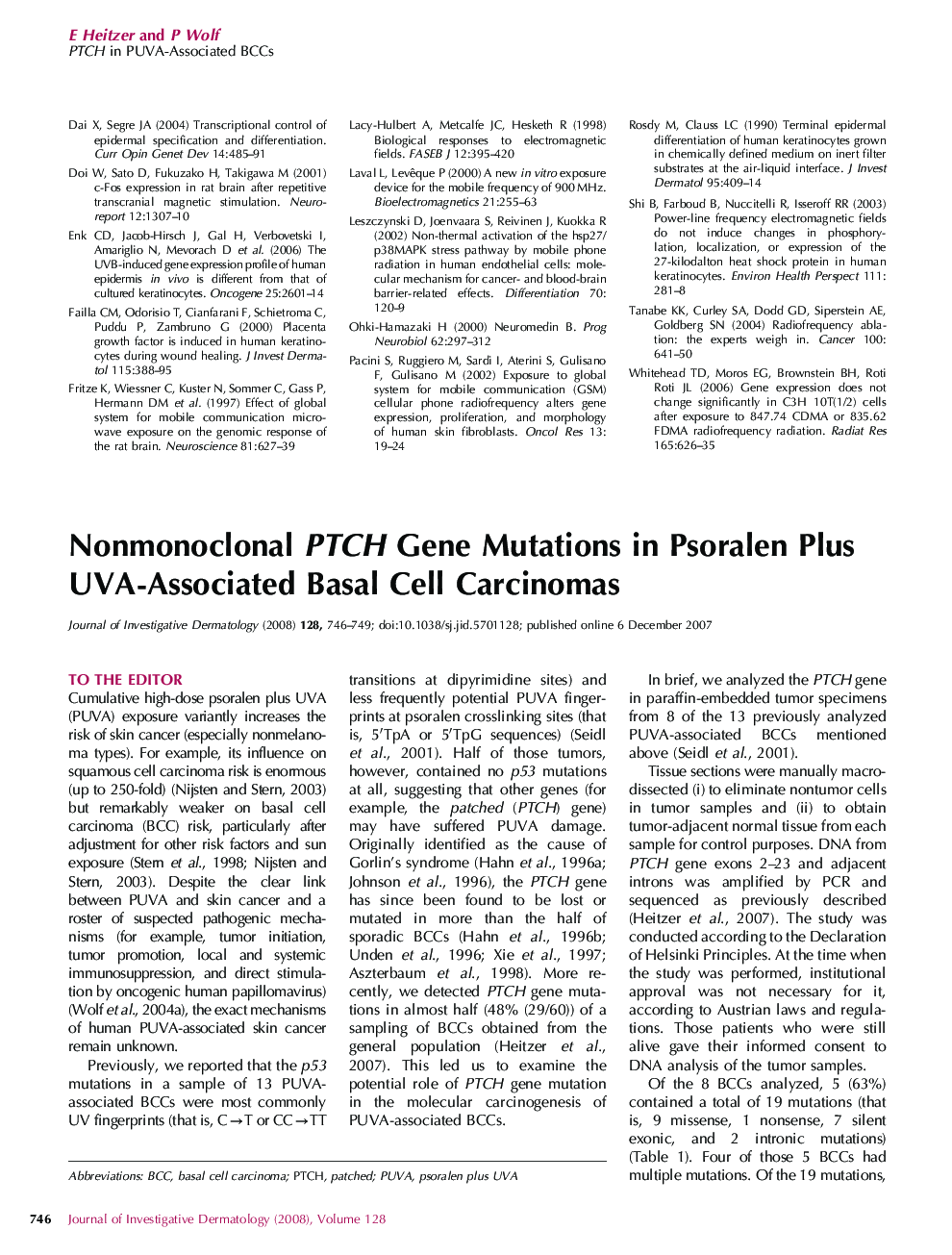 Nonmonoclonal PTCH Gene Mutations in Psoralen Plus UVA-Associated Basal Cell Carcinomas